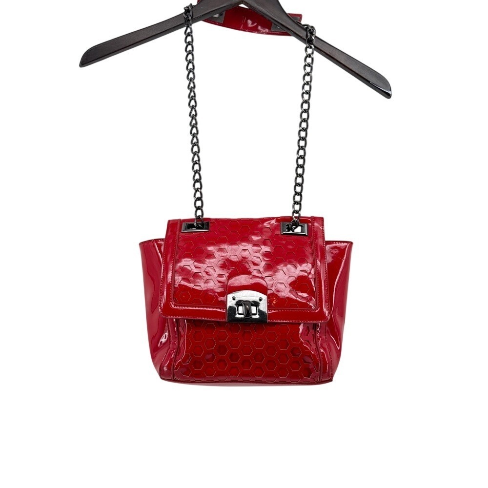 Signature Red Patent Leather Honeycomb Laser‎ Cut Chain Shoulder Bag Satchel